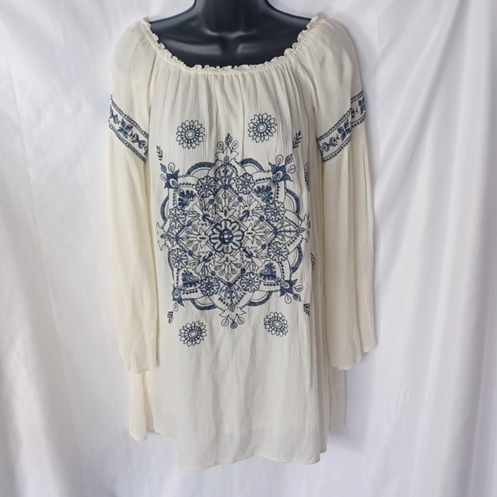 Taylor & Sage Bohemian Embroidered Bell Sleeve Mini Dress, cream & blue